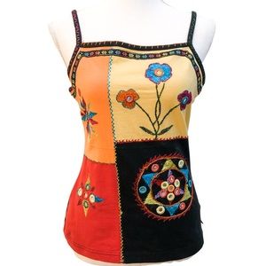 Vintage MUDD Square Neck Tank Top Embroidered Flowers Patchwork Stitch work Med